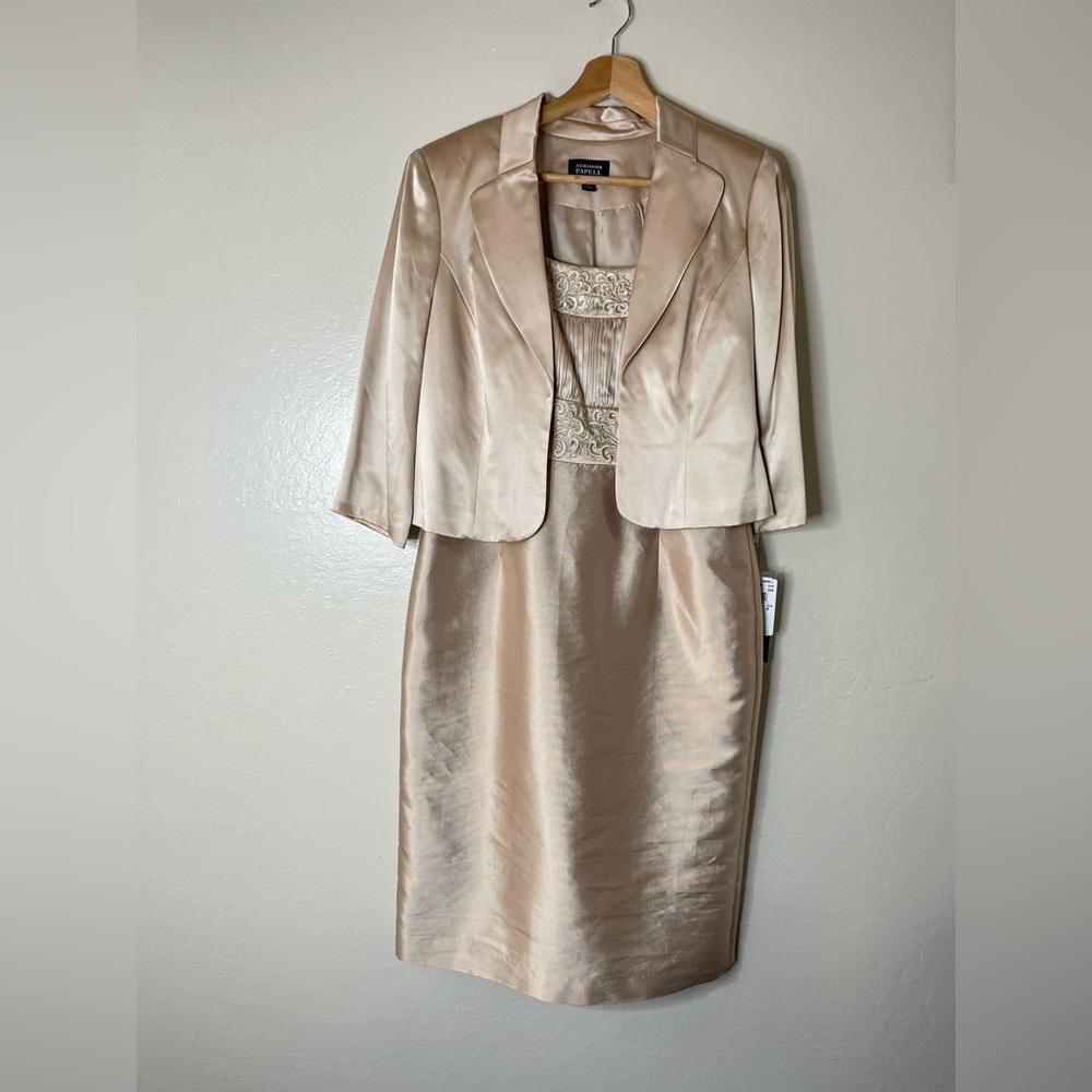 Adrianna Papell tailored champagne Embellished Beaded 2 piece set jacket & Dress